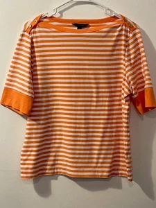 Tommy Hilfiger Tee Orange and White Buttoned Boat Neck Short Sleeves Misses XL - Picture 1 of 6