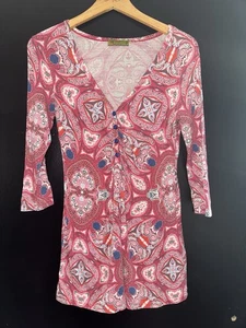 Vintage Y2K Pink Paisley Print Long Length Top With Blue Buttons, Size S/M - Picture 1 of 6