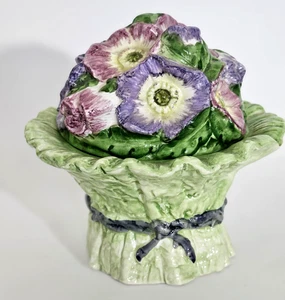 SAN MARCO Majolica Hand Painted Green Floral Ceramic Italian Candy Dish with Top - Picture 1 of 7