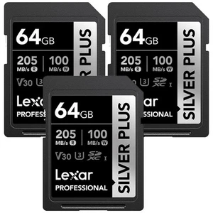 Lexar Professional SILVER PLUS SDXC UHS-I Card V30 160MB/s Read Speed 64GB 3Pack - Picture 1 of 8