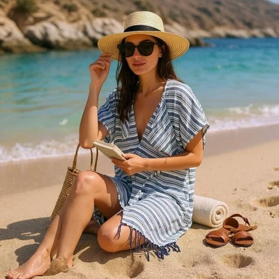 Vestido de baño de playa de algodón orgánico a rayas grandes de granate Hill para mujer Foto 1 de 4