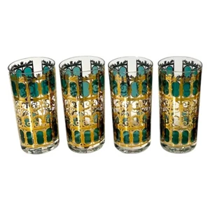 Juego de 4 vasos altos de bar Culver “Emerald Scroll” años 50 firmados - Imagen 1 de 9