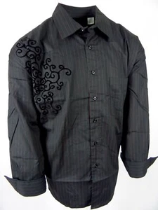 Mens Casual Button Shirt Black Red Pinstriped Velvet Florals STRETCH BIG TALL - Picture 1 of 6