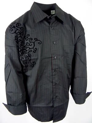 Мужская повседневная рубашка на пуговицах черная красная в тонкую полоску бархатные цветы ЭЛАСТИЧНАЯ БОЛЬШАЯ ВЫСОКАЯ - Изображение 1 из 4