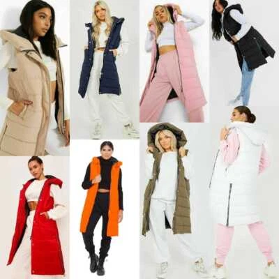 LADIES LONG LINE HOODED PUFFER GILET PADDED BODY WARMER SIDE ZIPS POCKET UK 8 26 - Image 1 of 2