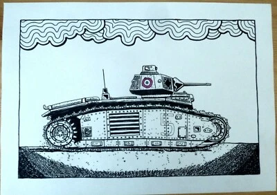 Dessin Encre - 30x40 - Tank B1 - Bataille de France 1940 - F.Seran 2021 - Photo 1/4