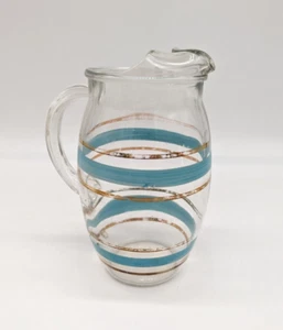 Vintage Glass Pitcher Blue Gold Rings MCM Mid Century - Picture 1 of 6