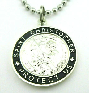 St. Christopher Large Surf Medal Necklace Protector of Travel sv-bk Silver-Blk - Picture 1 of 3