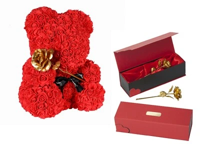 Valentinstag Geschenk Goldene Gold Rose + Rosenbär 25cm Rot Teddy Bär MIT GRAVUR - Bild 1 von 4