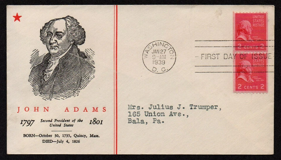 USA, SCOTT # 850, LINPRINT FDC COVER OF 1939 PRESIDENT JOHN ADAMS,2 WITH ADDRESS - Image 1 of 1