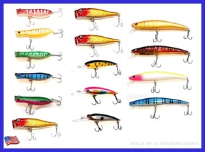 LOT OF 15 FISHING LURES TOP WATER POPPER CRANKBAIT HARD SWIMBAIT WOBBLER - Picture 1 of 4