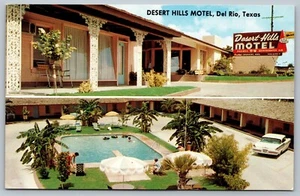 Desert Hills Motel Del Rio Texas Pool Old Car Multiview Vintage Postcard K2 - Picture 1 of 2
