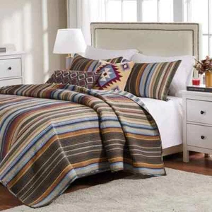 NEW! ~ COZY CABIN BROWN BLUE RUST ORANGE GREEN LODGE SOUTHWEST STRIPE QUILT SET - Picture 1 of 3