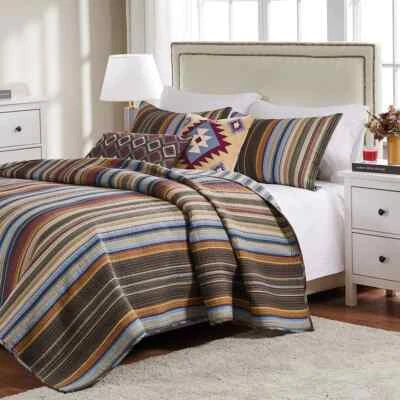 NEW! ~ COZY CABIN BROWN BLUE RUST ORANGE GREEN LODGE SOUTHWEST STRIPE QUILT SET - Image 1 of 3