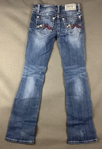 Miss Me Jeans 27 Womens Denim Blue Rhinestone Boot Cut Bling American Stars Flag - Picture 1 of 13