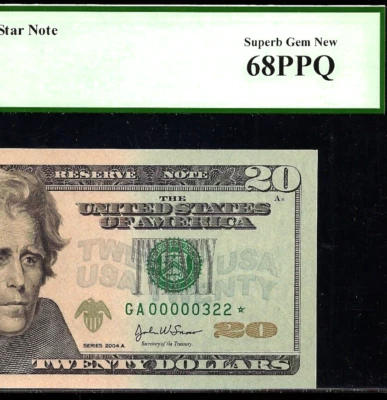 2004A $20 Federal Reserve Note PCGS 68PPQ - Gem Low Serial Number Star 00000322* - Image 1 of 3