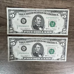 1969 $5 Five Dollar Bills With Subsequent Numbers G37658660C G37658661C C4 - Picture 1 of 8