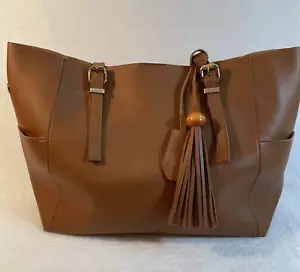 Large Buckskin Faux Leather Unlined Carry On Tote Bag 13 x 11 x 6" Bottle Pocket - Picture 1 of 19