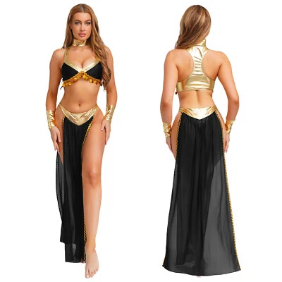 Womens 4Pcs Cleopatra Egyptian Costume Egyptian Queen Cosplay Metallic Shiny Set - Image 1 of 3