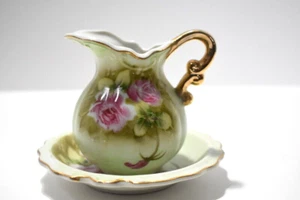 Lefton China Miniature Pitcher Plate Bowl Heritage Pink Green Roses Gold Trimmed - Picture 1 of 9