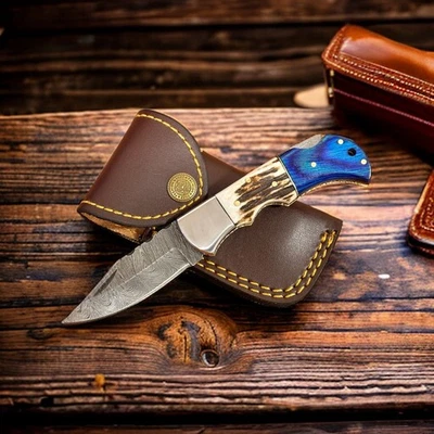 Handmade Damascus Steel Folding Knife Stag Horn & Wood Handle w/ Sheath - Image 1 of 4