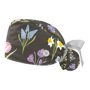 Animated Pink Floral Working Caps with Buttons, Long Hair Scrub Hats Ponytail - Picture 1 of 7