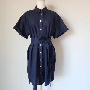 NWoT J.Crew Capitaine Linen Shirt Dress Short Sleeve Belt Button Navy Sz.M BY784 - Picture 1 of 17