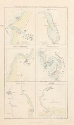Mapa Puertos y Puertos Costa Oeste Escocia Fullarton original c1860 Kircudbright Foto 1 de 2