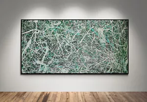 XXL Jackson Pollock Style Green & Turquoise Abstract Drip Painting - 78x39 in - Picture 1 of 10