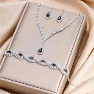 Wedding Jewelry Set Water Drop Crystal Necklace Bracelet Earrings for Women 3pcs - Picture 1 of 9