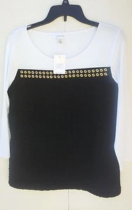 CALVIN KLEIN SIZE MEDIUM BLACK AND WHITE BLOUSE WITH EMBELLISHMENTS - Picture 1 of 2