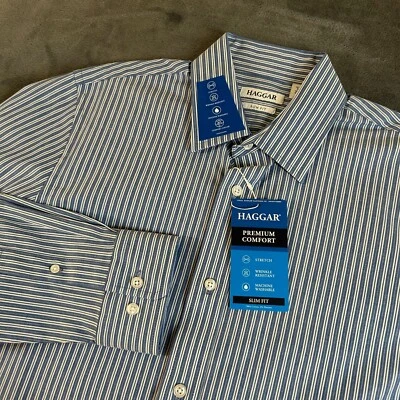 Camisa de Vestir Haggar Premium Cómoda Calce Ajustado Azul Blanco Rayas Hombres 15-15.5 32/33 Foto 1 de 4