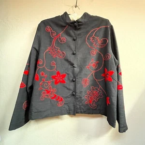 Half Moon Bay Womens Mandarin Collar Jacket Embroidered XL Black Red Lined - Picture 1 of 8