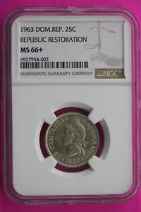 1963 MS 66+ Dominican Republic 25 Centavos Silver Coin NGC Certified Slab 156 - Picture 1 of 3