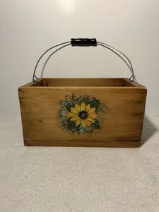 Vintage Handmade Wooden Box With Wood/ Handle & Hand Painted Sunflower Design - Picture 1 of 18