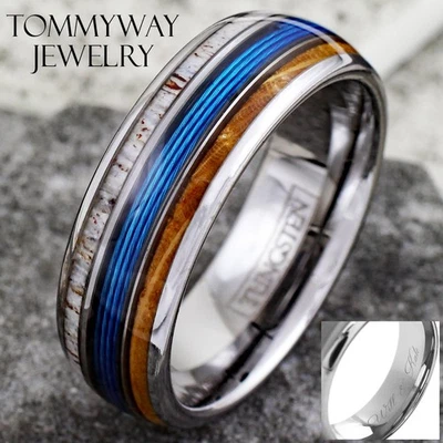 Engraved Tungsten Mens Ring Blue Fishing Line-Whiskey Barrel Wood & Deer Antler - Image 1 of 4