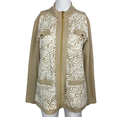 Chaqueta Susan Graver Mujer Talla S Beige Blanco Estampado Animal Cremallera Completa Ponte Tejido Foto 1 de 4