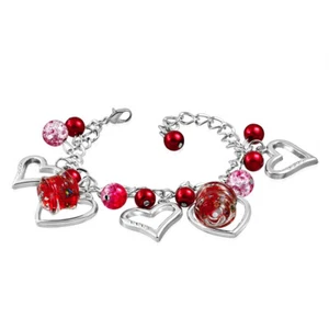Red Bracelet with Pearls Marbled Beads and Heart Charms * Gift Box included - Picture 1 of 2