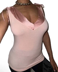 Vintage Bebe Tank Top Y2K Baby Pink Silk V-Neck Sexy Pullover Sz M USA Women - Picture 1 of 7
