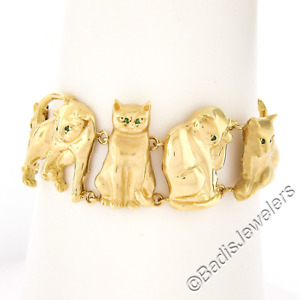 Vintage Ardian 18K Gold Emerald Eyes 9 Nine Lives 3D Cat Link Bracelet
