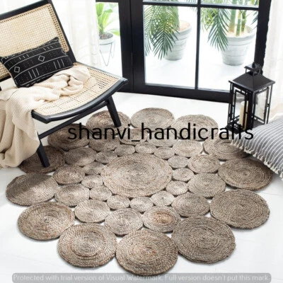 Jute Round Handmade Rug Hand Woven Braided Rug Home Living Area Rug Floor Carpet - Image 1 of 4