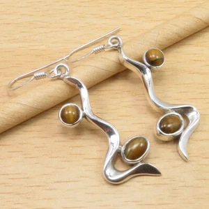 Bachelorette Party TIGER'S EYE Earrings 2.0" 925 Solid Sterling Silver Jewelry - Picture 1 of 2