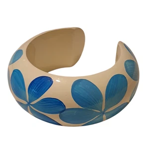 Chunky Boho Cuff Bangle Bracelet White Blue Clover Flower Statement Thick Large - Picture 1 of 12
