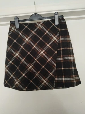 Ladies Hollister Mini Skirt Size S Brown Black White Plaid Faux Wrap Round Front - Image 1 of 4