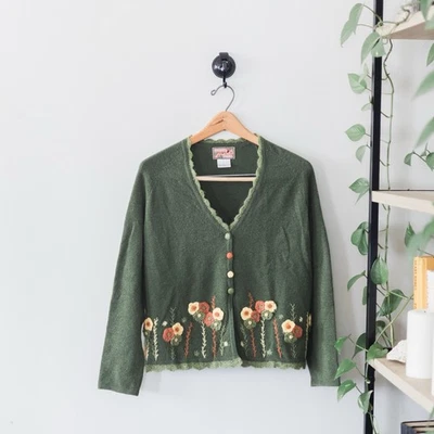 Cárdigan Suéter April Cornell Verde Floral Bordado Botón Para Mujer’s S 00s De Colección Foto 1 de 4