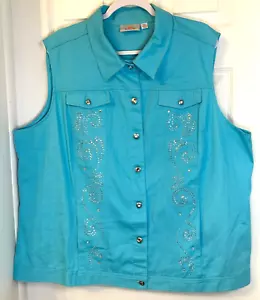 Quaker Factory Rhinestone Studded Denim Vest, Sleeveless, Blue, Sz 2X NEW! - Picture 1 of 8