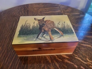 Vintage Yellowstone Nationalpark Zeder Schatulle Hirsch Rehkitz Schmucktruhe Souvenir  - Bild 1 von 12