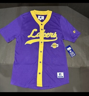 Small- STARTER Los Angeles Lakers NBA Button Baseball Jersey Purple Gold SHIRT - Image 1 of 4