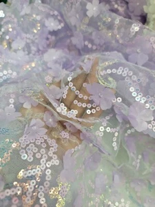 Fabric By The Yard 3d Floral Flowers Lavender Lace Embroidery Iridescent Sequins - Picture 1 of 10