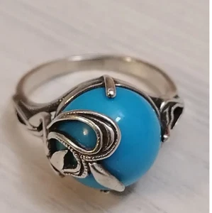 Vintage Silver 925 Sterlebr Turquoise Tizy Shiny Ring 17 size Clam VG Kokoshnik - Picture 1 of 10